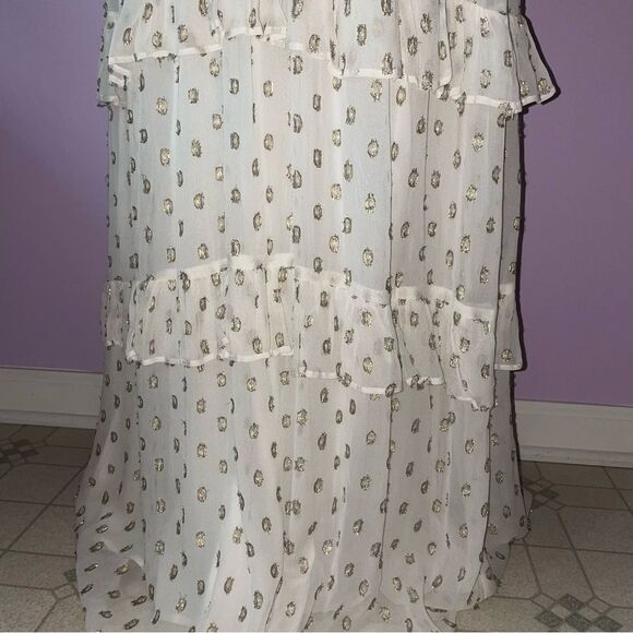 NEW En Creme Maxi Dress M Boho Metallic Polka Dot Cutout Ruffle Tiered - Picture 6 of 13
